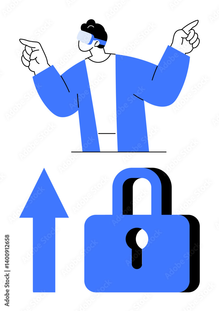 Person wearing VR headset pointing energetically, blue arrow symbolizing progression, and padlock reflecting data security. Ideal for technology, innovation, virtual reality, security, progress Person wearing VR headset pointing energetically, blue arrow symbolizing progression, and padlock reflecting data security. Ideal for technology, innovation, virtual reality, security, progress