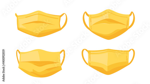 Four Yellow Fabric Face Masks on White Background