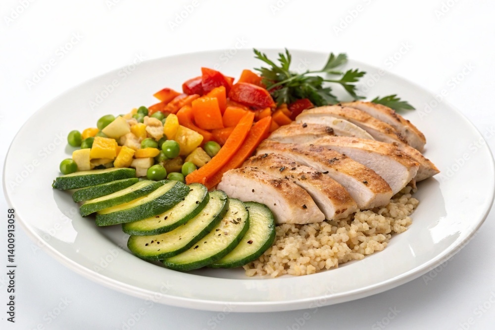 A colorful and nutritious bowl with grilled chicken, fluffy quinoa, and fresh vegetables like broccoli, tomatoes, avocado, and bell peppers. A colorful and nutritious bowl with grilled chicken, fluffy quinoa, and fresh vegetables like broccoli, tomatoes, avocado, and bell peppers.