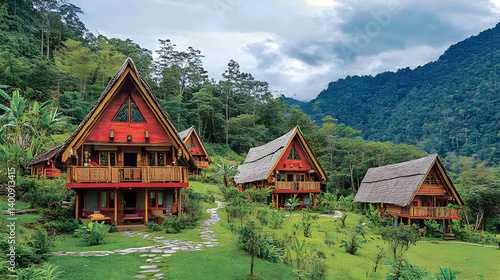 Obraz na płótnie Three Wooden Houses in Lush Green Tropical Landscape With Dense Forest and Mountain Backdrop Under a Cloudy Sky in Daytime w salonie