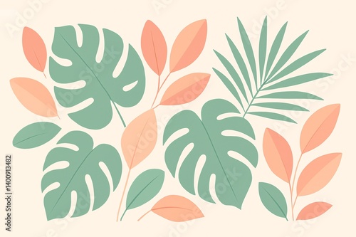 Minimal Flat Vector of Tropical Leaves in Soft Pastel Tones. 