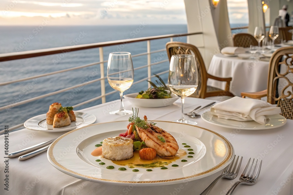 Fototapeta premium Enjoying a gourmet meal and wine on a luxurious cruise, with stunning ocean views during a sunset.
