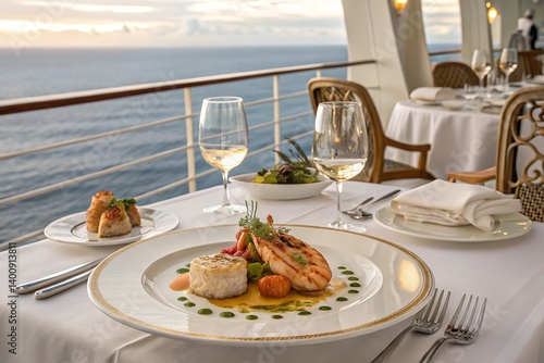 Enjoying a gourmet meal and wine on a luxurious cruise, with stunning ocean views during a sunset.