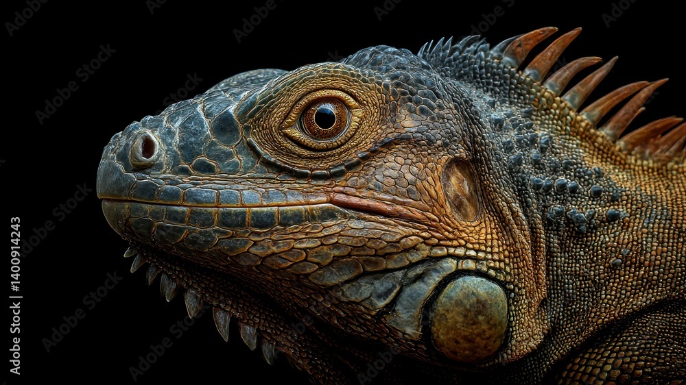 Detailed close-up of an iguana's head and body, showcasing its scales and colors. Detailed close-up of an iguana's head and body, showcasing its scales and colors.