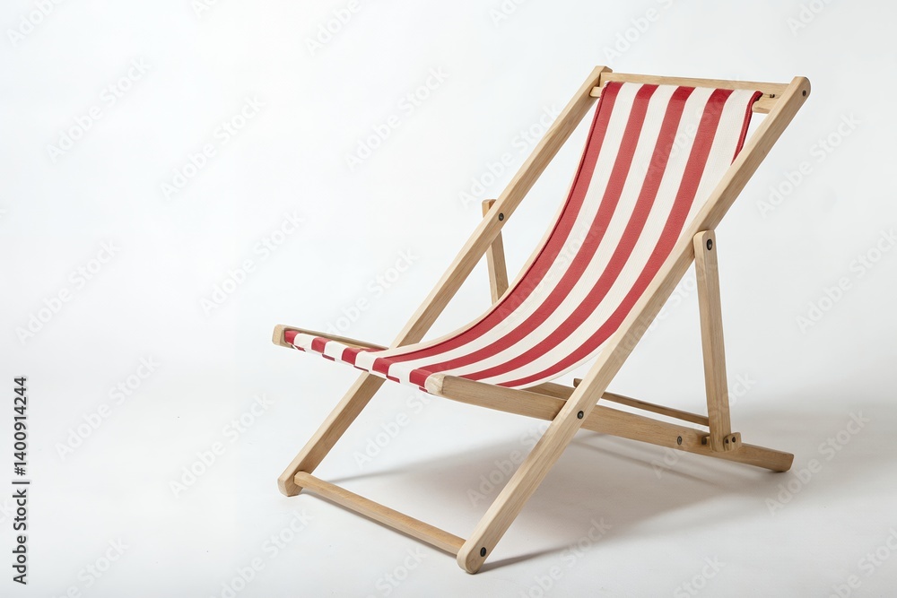 A classic striped deck chair inviting relaxation on a sunny beach day with simple wooden frame and red and white canvas. A classic striped deck chair inviting relaxation on a sunny beach day with simple wooden frame and red and white canvas.
