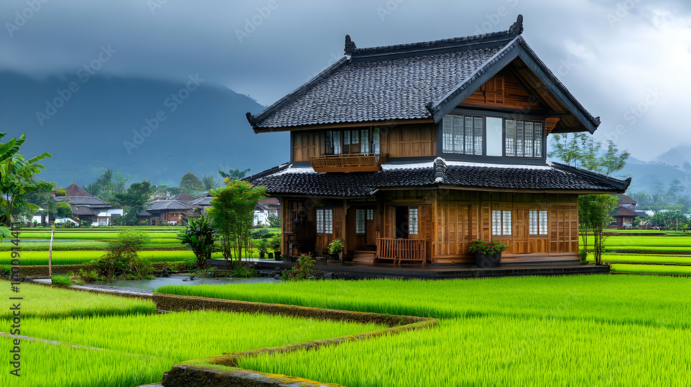 Traditional Asian House with Black Tile Roof Surrounded by Lush Green Rice Fields with Distant Mountain Scenery Under Cloudy Sky In Rural Setting