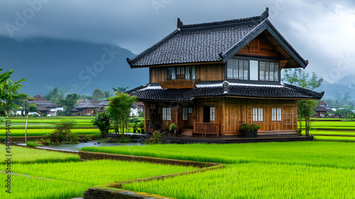Obraz na płótnie Traditional Asian House with Black Tile Roof Surrounded by Lush Green Rice Fields with Distant Mountain Scenery Under Cloudy Sky In Rural Setting w salonie