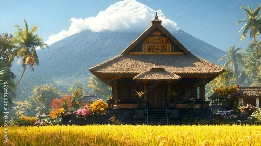 Traditional Balinese Architecture with Mountain Views Under a Bright Blue Sky with Rice Field in Foreground and Palm Tree in Background