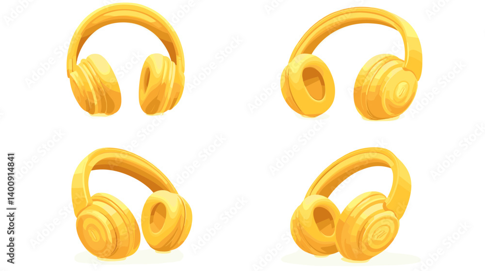 Golden Headphones Set: Multiple Views of Yellow Over-Ear Headphones on White Background Golden Headphones Set: Multiple Views of Yellow Over-Ear Headphones on White Background