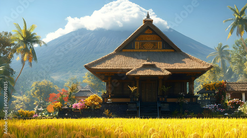 Obraz na płótnie Traditional Balinese Architecture with Mountain Views Under a Bright Blue Sky with Rice Field in Foreground and Palm Tree in Background w salonie