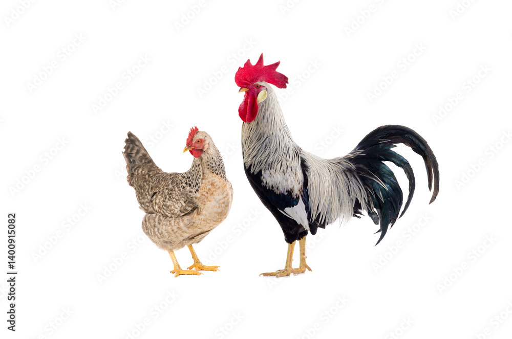 Fototapeta premium gray rooster and chicken isolated on white background