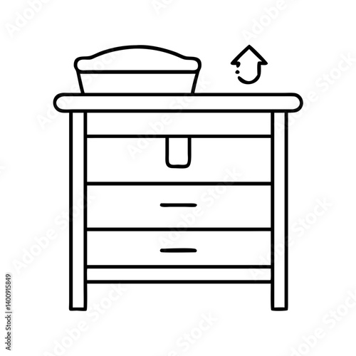 Line art illustration of a three drawer dresser with a pie on top ready to be put away