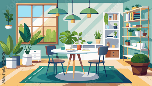 Plants on shelves and rug in white apartment interior with chairs at dining table under lamp. Real photo