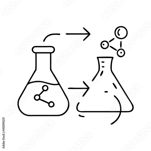 Chemical Reaction Process in Laboratory Erlenmeyer Flasks Showing Molecular Transformation and Compound Synthesis