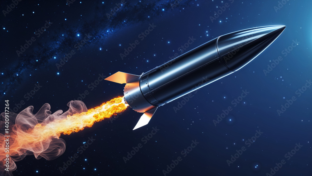 Fototapeta premium A detailed view of a rocket taking off into the starry night sky with flames.