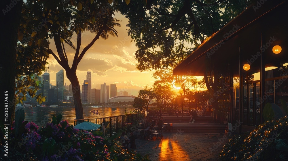 Fototapeta premium Golden Hour Serenity: Singapore Skyline at Sunset