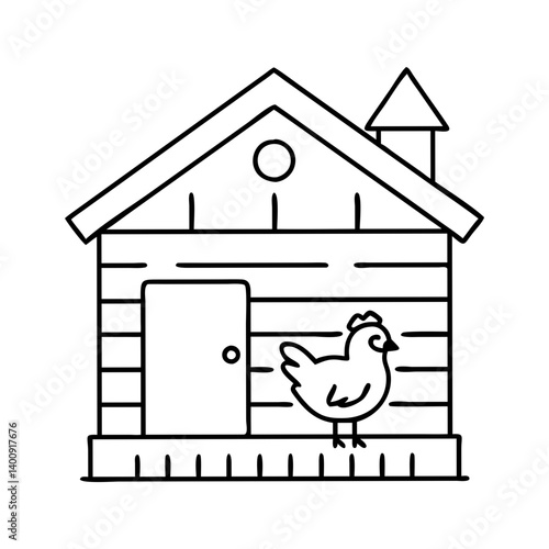 A Simple Line Drawing of a Chicken Coop with a Single Chicken