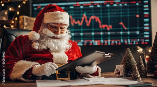 Santa Claus reviewing Christmas sales reports stylish office a digital stock market screen behind him