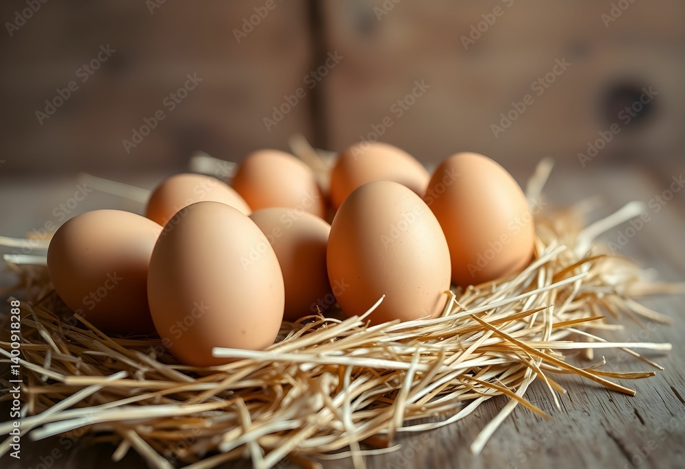 Fresh brown eggs, straw nest, rustic wooden surface, soft natural lighting, earthy tones, organic farm setting, textured background, country kitchen aesthetic Fresh brown eggs, straw nest, rustic wooden surface, soft natural lighting, earthy tones, organic farm setting, textured background, country kitchen aesthetic