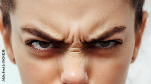 Close-up of a person's face expressing anger, with furrowed brows and intense eye contact conveying a feeling of frustration or annoyance.
