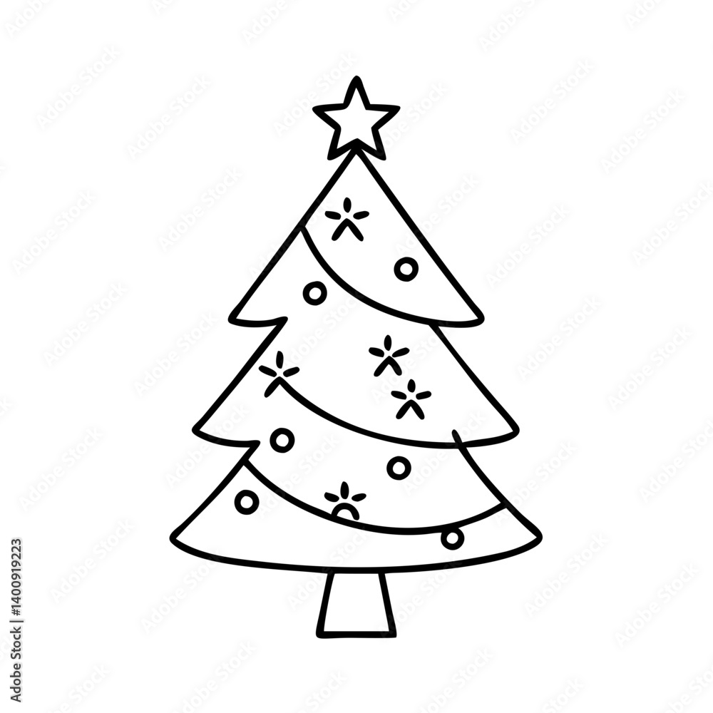 Simple Line Drawing of a Decorated Christmas Tree for Holiday Cheer Simple Line Drawing of a Decorated Christmas Tree for Holiday Cheer