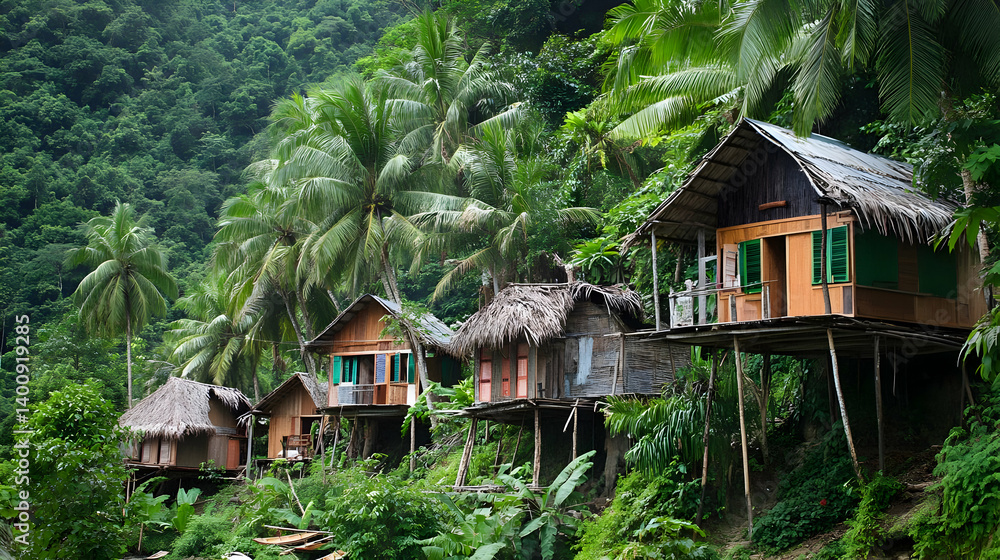 Traditional Stilt Houses Nestled Among Lush Greenery and Dense Jungle Foliage in a Tropical Village Setting on a Sunny Day