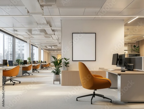 Wallpaper Mural Modern open-plan office space with warm tones and natural light.  Empty blank canvas on wall Torontodigital.ca