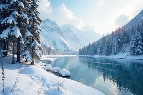 Wallpaper Mural Snowy landscape with tall trees and frozen lake, icy, frost Torontodigital.ca