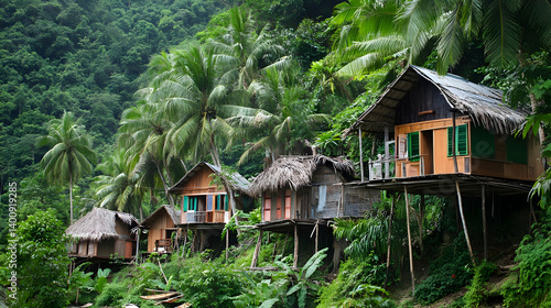 Obraz na płótnie Traditional Stilt Houses Nestled Among Lush Greenery and Dense Jungle Foliage in a Tropical Village Setting on a Sunny Day w salonie