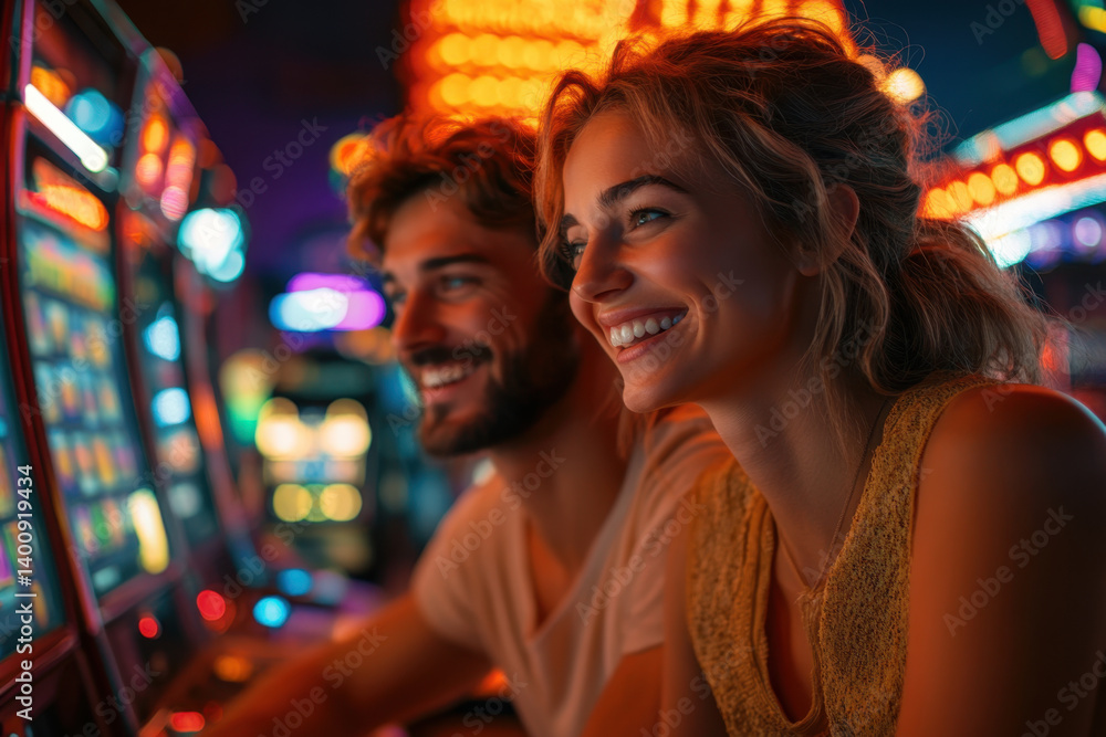 Couple immersed in play, spinning slot machines in a lively casino setting. Couple immersed in play, spinning slot machines in a lively casino setting.