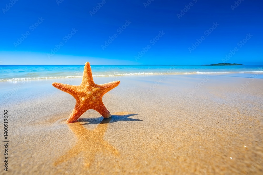A sun-kissed starfish rests on a pristine beach, basking in the warm glow of a perfect summer day under a vibrant blue sky. A sun-kissed starfish rests on a pristine beach, basking in the warm glow of a perfect summer day under a vibrant blue sky.