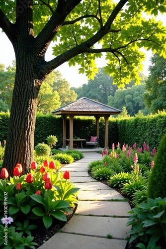 Serene Garden Path Leading to a Tranquil Wooden Gazebo Nestled Amongst Lush Greenery and Vibrant Blossoms