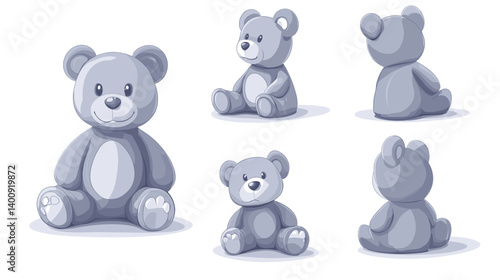 Grey Plush Teddy Bear in Multiple Views Pixel Art