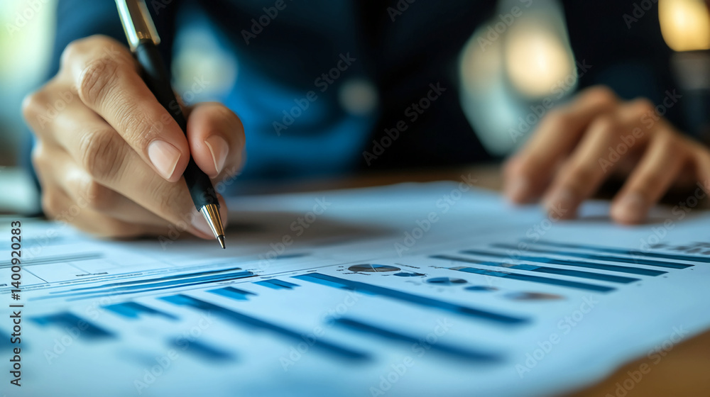 Analyzing financial data with pen on charts and graphs for business investment and market analysis growth Analyzing financial data with pen on charts and graphs for business investment and market analysis growth