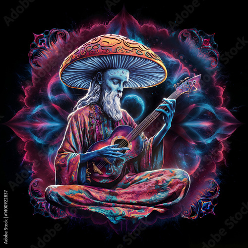 psychedelic mushroom man playing guitar in a rainbow dress