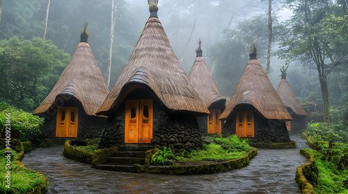 Obraz na płótnie Traditional Thatched Roof Houses in Rural Village Surrounded by Lush Greenery and Mist with Yellow Wooden Doors on Stone Structures w salonie