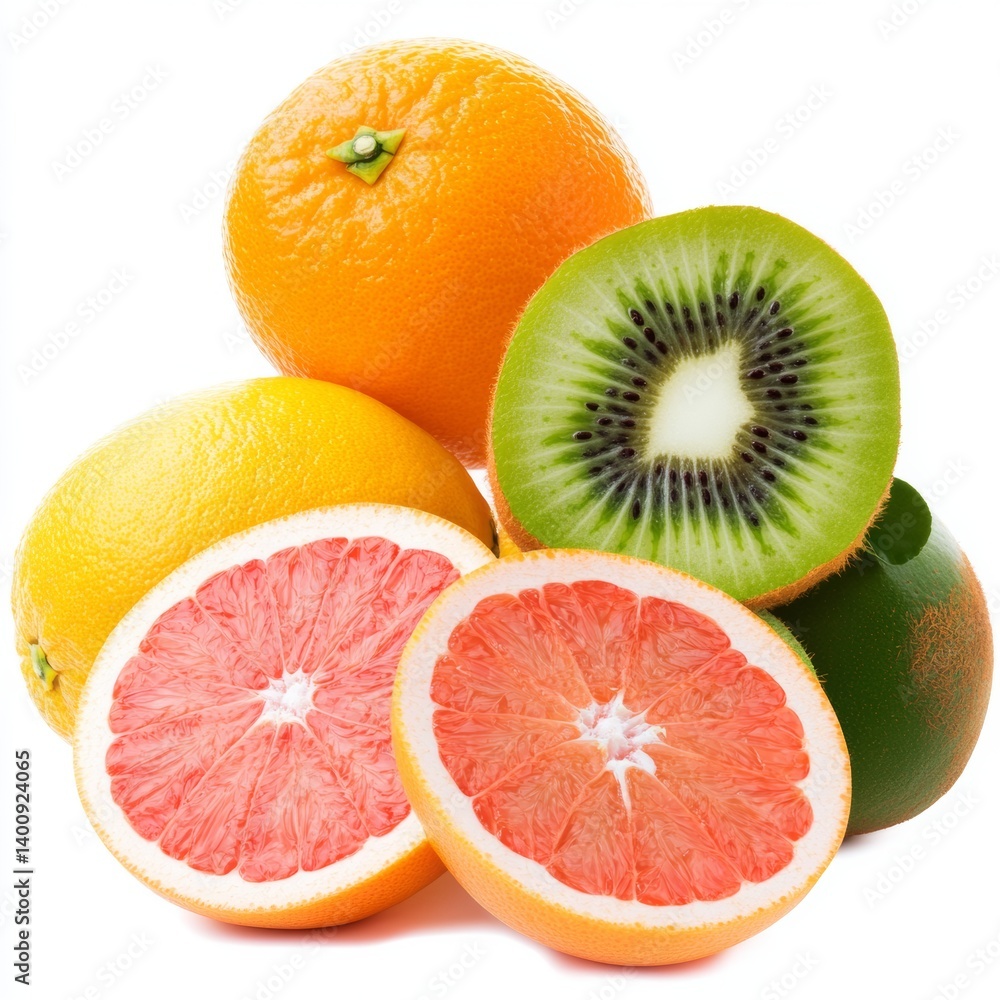 Vibrant citrus fruits on white background. A whole orange, lemon, halved grapefruit, and kiwi are arranged together. Close up view with bright colors. Vibrant citrus fruits on white background. A whole orange, lemon, halved grapefruit, and kiwi are arranged together. Close up view with bright colors.