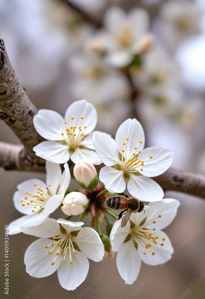 Obraz premium Branch with delicate white ornamental plum flowers and a bee