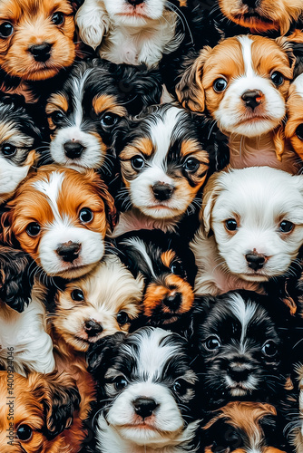 Hundreds of adorable small puppies forming a seamless retro texture for packaging design.