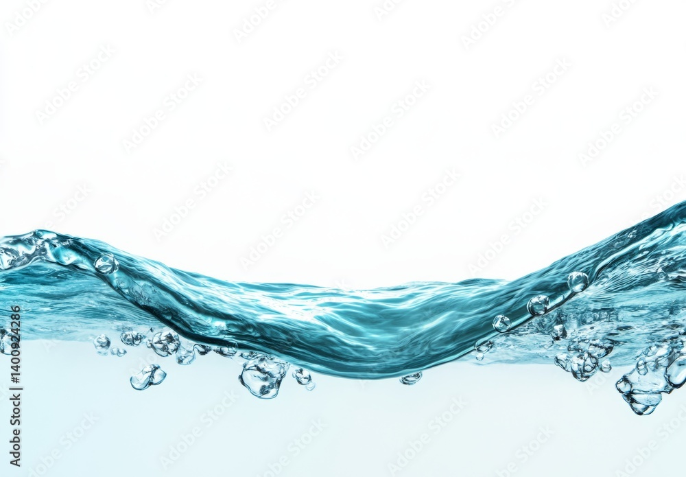 Close up view of a clear blue wave of water against a white background, showing ripples, bubbles, and a smooth surface texture. Close up view of a clear blue wave of water against a white background, showing ripples, bubbles, and a smooth surface texture.