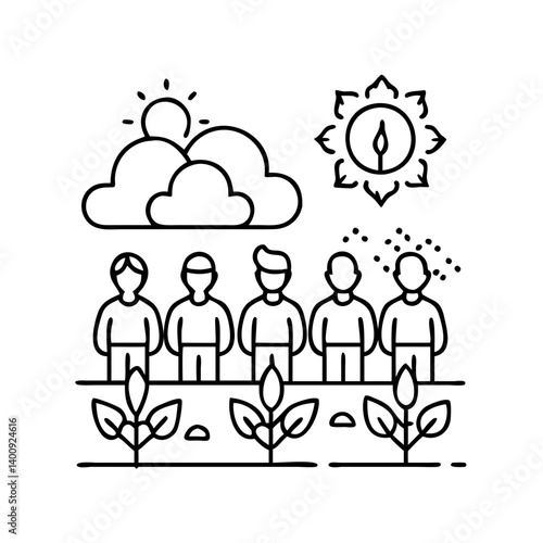 Group of people cultivating plants under the sun and clouds spiritual growth mindfulness meditation peace harmony nature