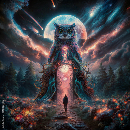 fantasy scene with a woman and owl