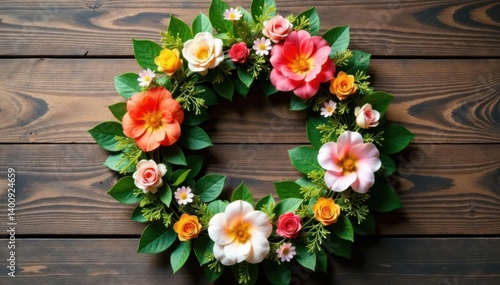 Wallpaper Mural Vintage-inspired floral wreath on natural wood with lush greenery and colorful blooms, flowers, natural wood Torontodigital.ca