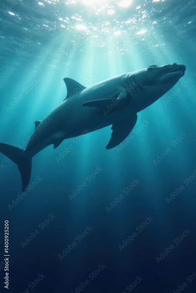 Gigantic whale and shark in silhouette with ocean waves, underwater scene, sea creatures Gigantic whale and shark in silhouette with ocean waves, underwater scene, sea creatures