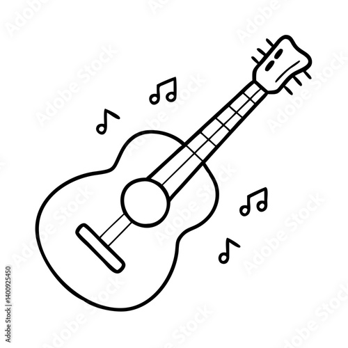 A Simple Line Drawing of an Acoustic Guitar with Musical Notes