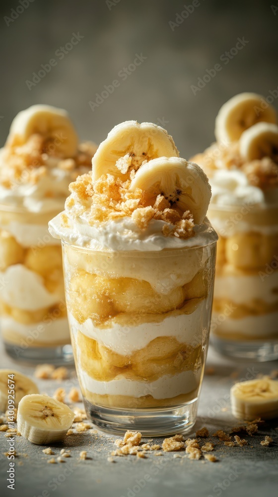 Creamy banana dessert served in glasses with layers of whipped cream and crumbled cookies on a textured background Creamy banana dessert served in glasses with layers of whipped cream and crumbled cookies on a textured background