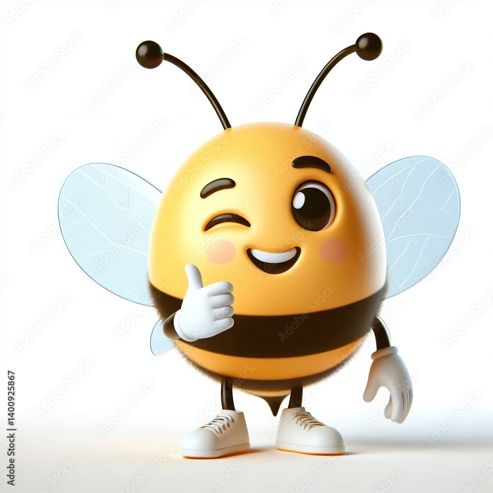 Obraz premium Animated character 3D image of bee released winks smiles, cute design, white background