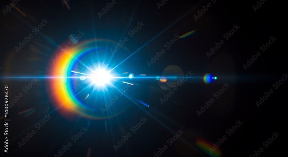 Fototapeta premium Bright Blue Lens Flare with Rainbow Effect on Black Background