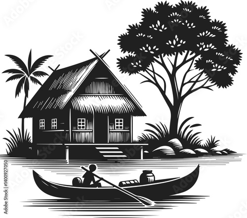 Neat and clean black color silhouette of hut, village hut vector art, hut house vector art, hut tree valley vector with palm tree and trees, river and canoe, native house, home vector design elements