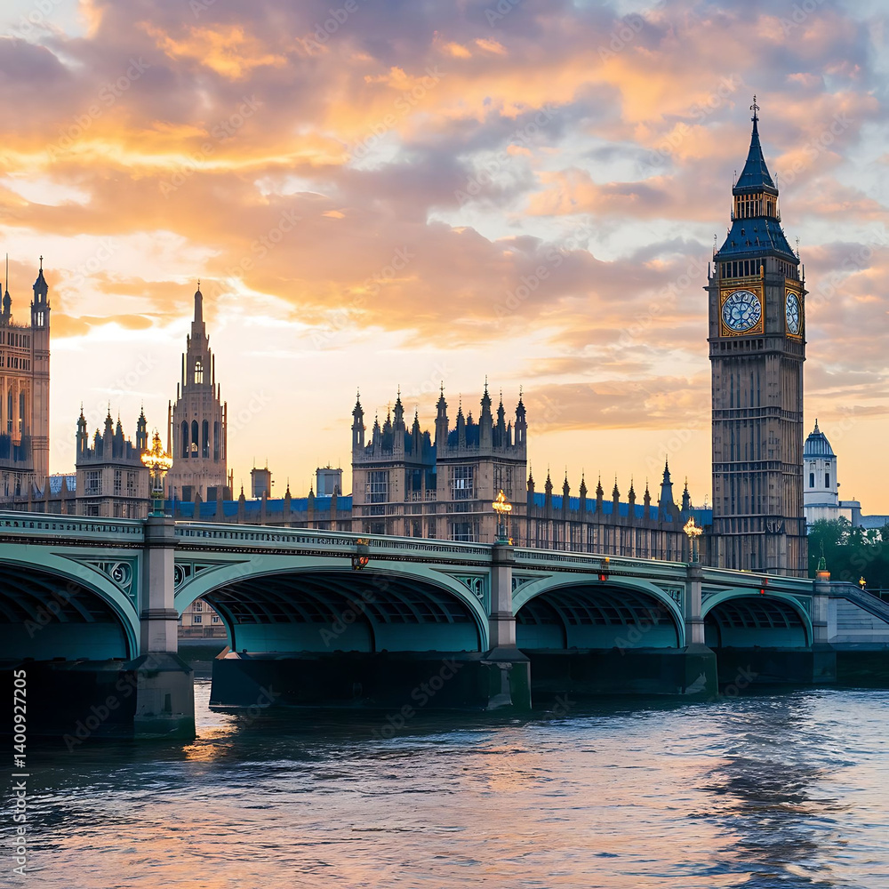 Naklejka premium Iconic London Houses of Parliament at Sunset, Reflecting on the River Thames